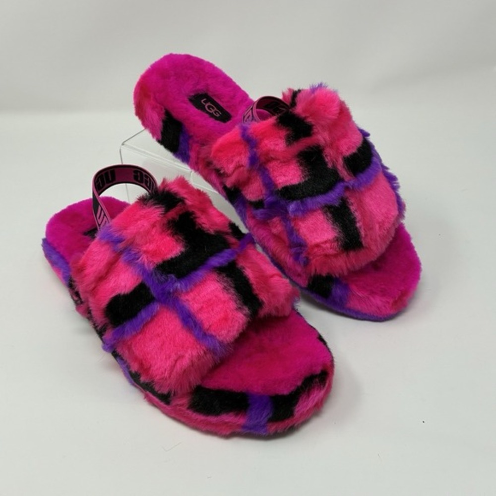 UGG FLUFF YEAH SLIDE PLAID PUNK PINK‎ MULTI SLINGBACK FURRY SANDAL WOMENS US 6
